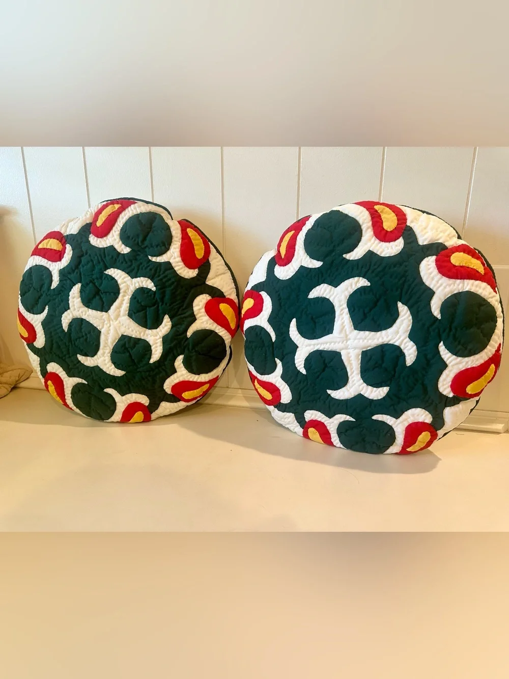 Handmade Quilted Round Quilted Throw Pillow Pair in Dark Green, White & Red